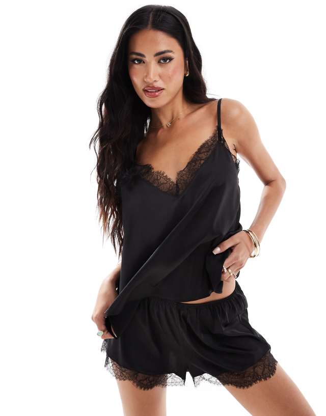 ASOS DESIGN satin and lace cami top and shorts pajama set in black