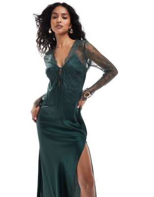 asos design satin and lace mix bias maxi dress with lace up front and cut out back in deep green