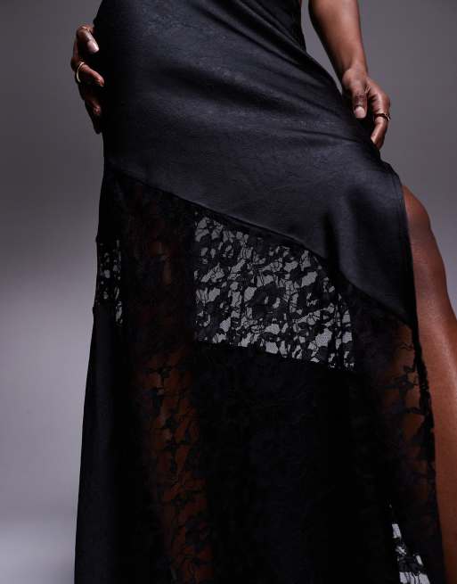 ASOS DESIGN satin and lace mix maxi skirt in black | ASOS