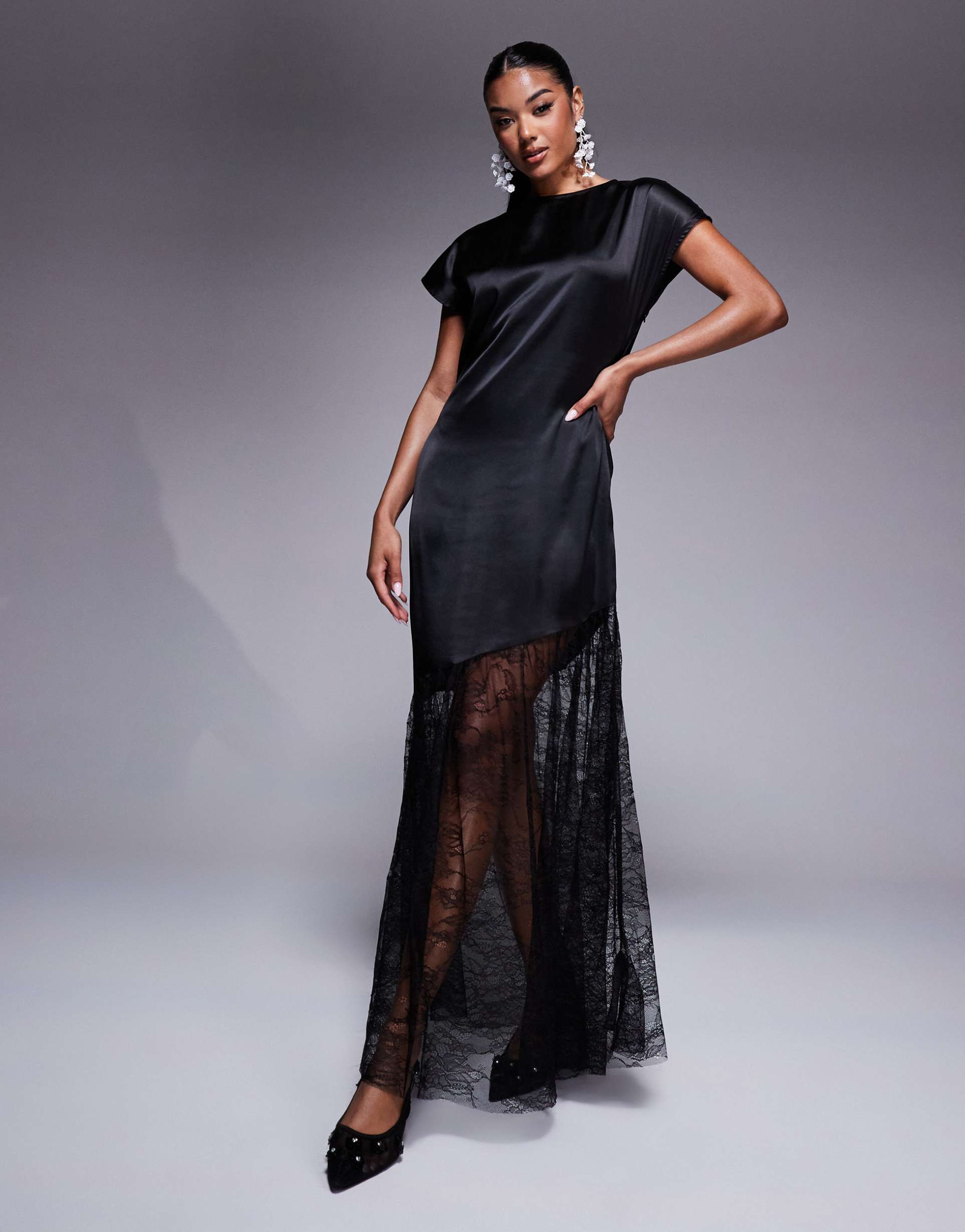 asos design satin and lace mix maxi t shirt dress in black