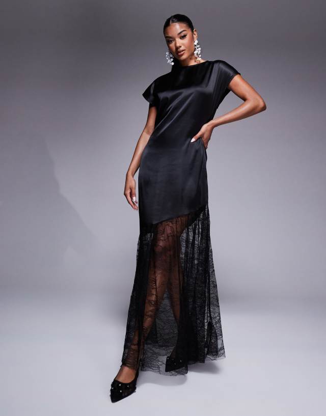 ASOS DESIGN satin and lace mix maxi t shirt dress in black | ASOS