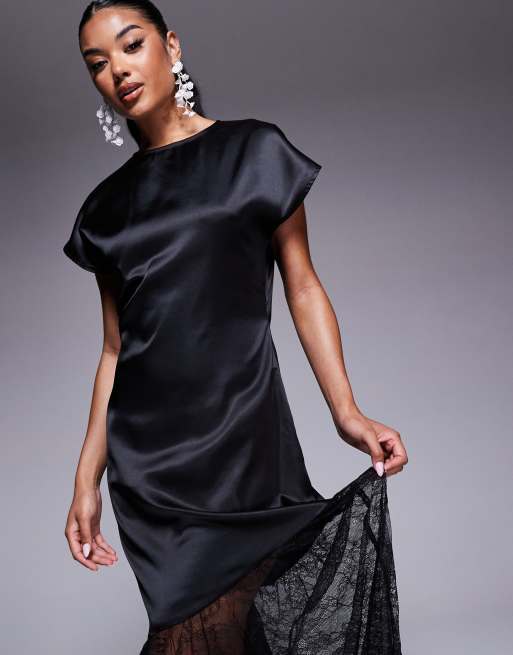 ASOS DESIGN satin and lace mix maxi t shirt dress in black
