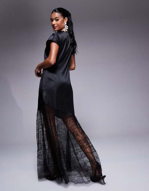 ASOS DESIGN satin and lace mix maxi t shirt dress in black