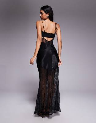 Asos Design Satin And Lace Mix Sheer Bodice Cami Maxi Dress In Black