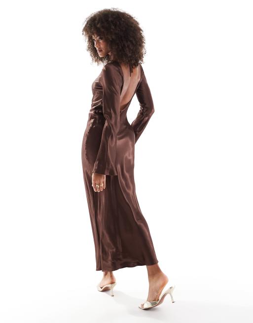 ASOS DESIGN satin angel sleeve low back maxi dress in chocolate