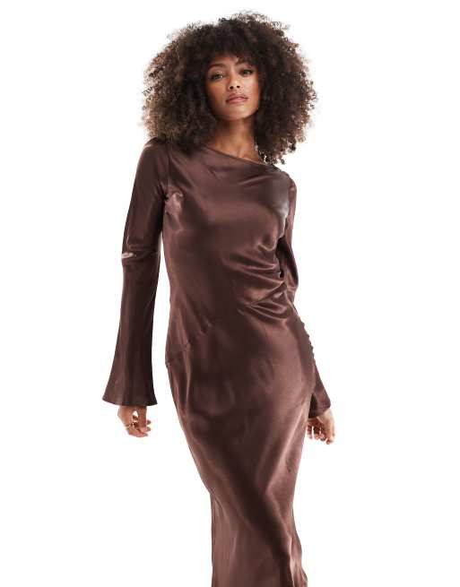 ASOS DESIGN satin angel sleeve low back maxi dress in chocolate