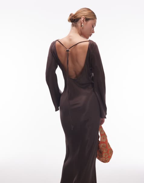 ASOS DESIGN satin angel sleeve low back maxi dress in chocolate - view 1