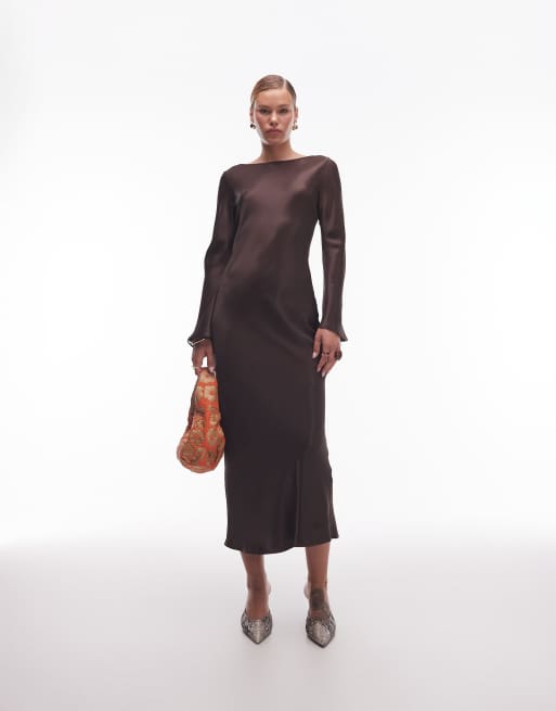 ASOS DESIGN satin angel sleeve low back maxi dress in chocolate
