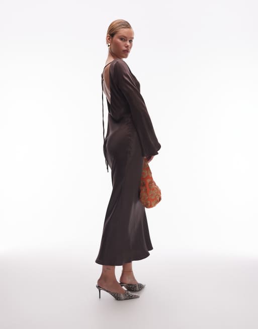 ASOS DESIGN satin angel sleeve low back maxi dress in chocolate