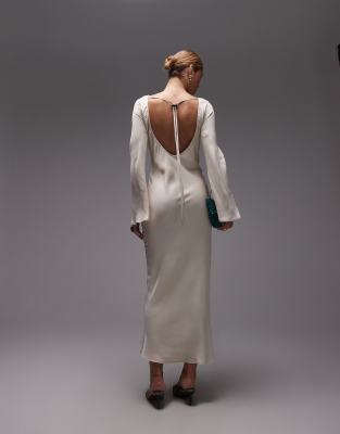 ASOS DESIGN satin angel sleeve low back maxi dress in ecru-White