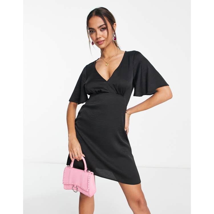 ASOS DESIGN satin angel sleeve mini tea dress in black