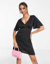 ASOS DESIGN Petite v neck mini dress with fluted sleeves in black