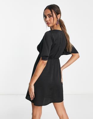 ASOS DESIGN satin angel sleeve mini tea dress in black