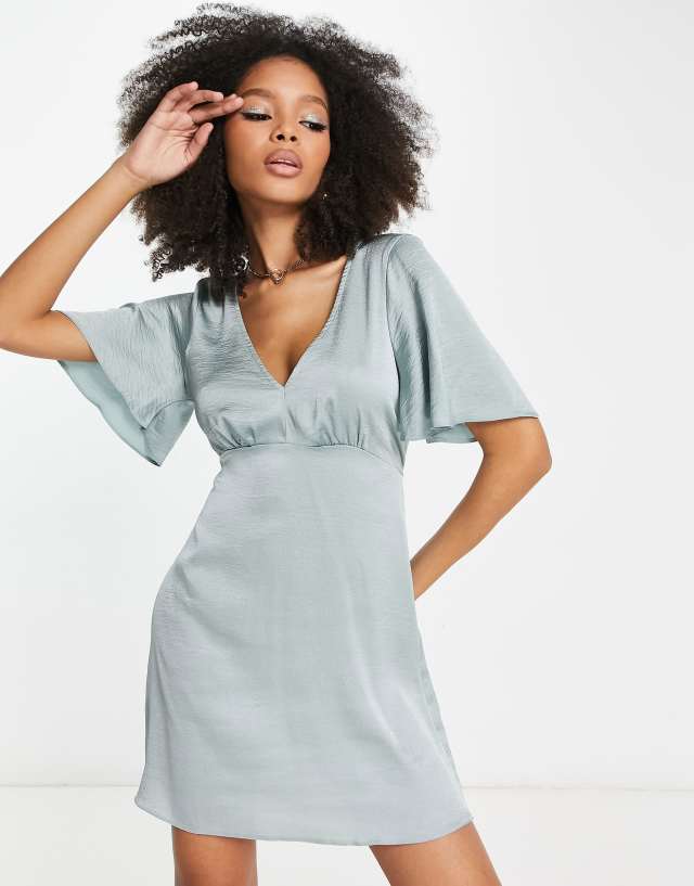 ASOS DESIGN satin angel sleeve mini tea dress in duck egg