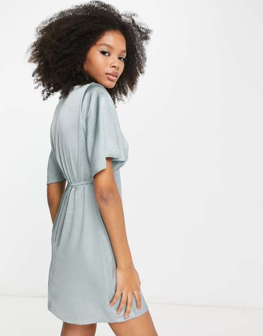 ASOS DESIGN Maternity satin angel sleeve mini tea dress in duck egg