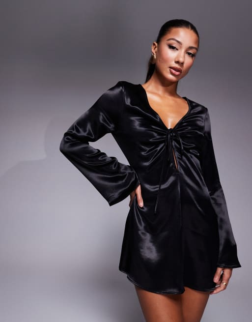 ASOS DESIGN satin angel sleeve plunge mini dress in black