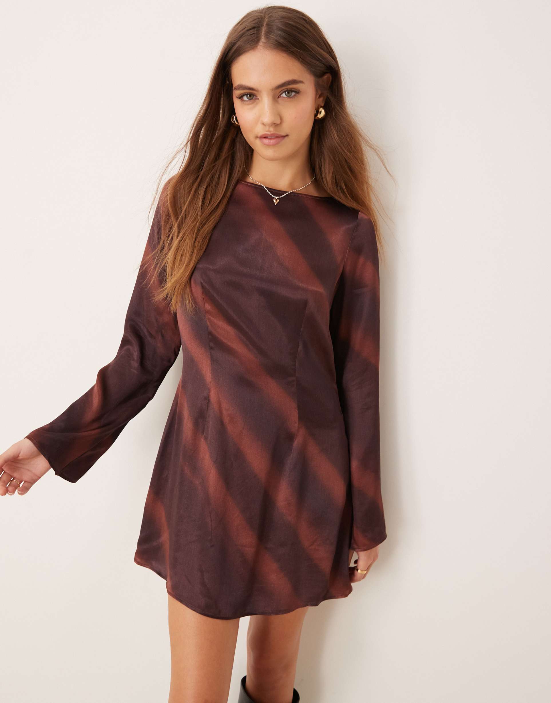 asos design satin angel sleeve slash neck dress in choc tie dye print