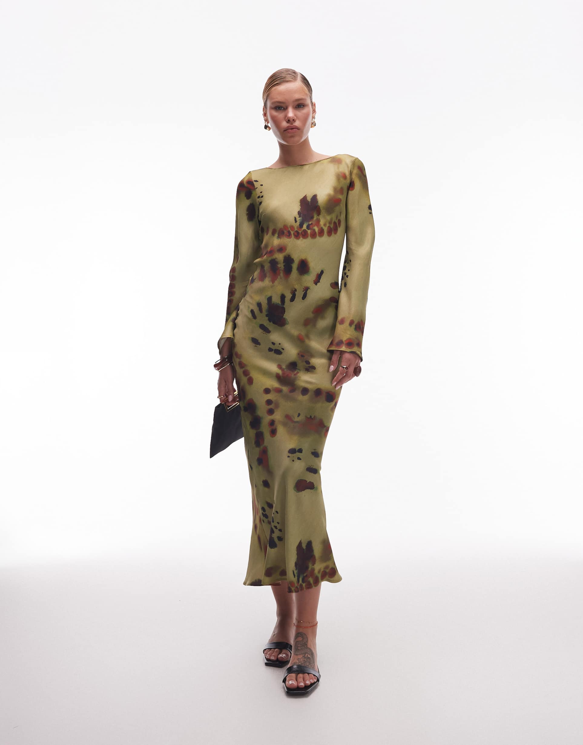 asos design satin angel sleeves low back midaxi dress in tie dye print