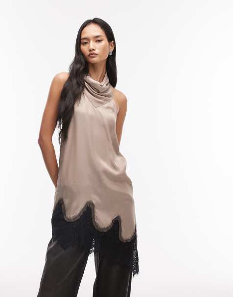 ASOS DESIGN satin asym cowl longline cami top in ecru