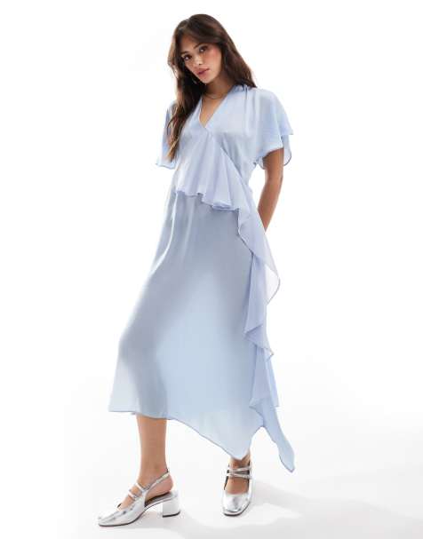 ASOS DESIGN satin asym frill detail midi dress in light blue - view 1