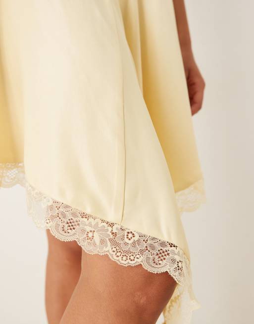 ASOS DESIGN satin asym hem lace trim mini dress in buttermilk, 3 of 4