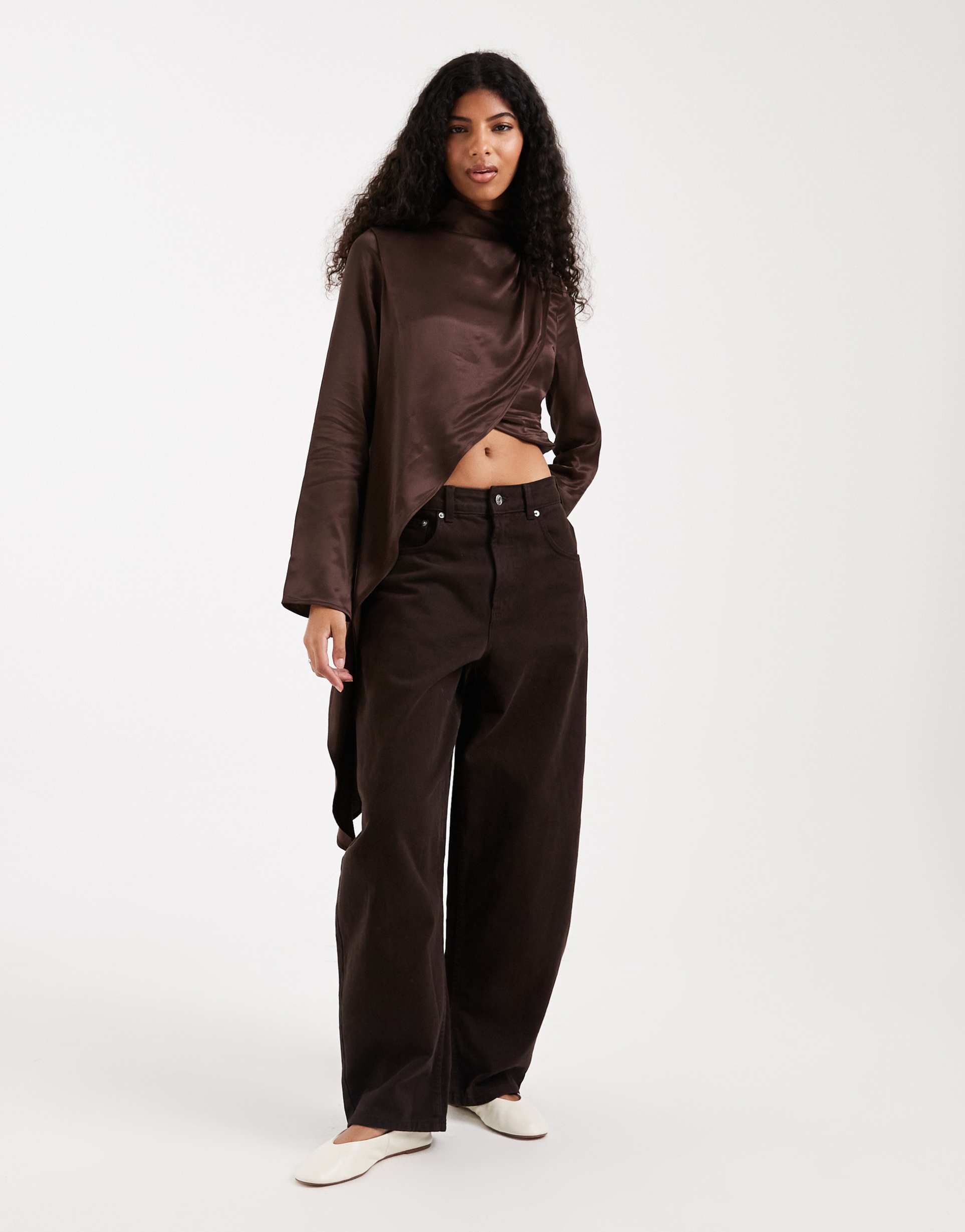 asos design satin asymmetric cape top in chocolate