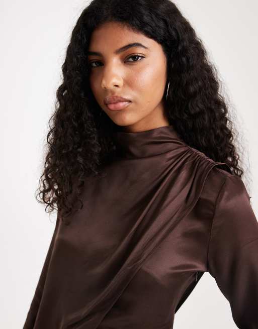 ASOS DESIGN satin asymmetric cape top in chocolate | ASOS