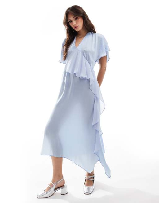ASOS DESIGN satin asymmetric frill detail midi dress in light blue