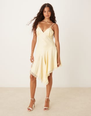 Asos Design Satin Asymmetric Hem Lace Trim Mini Dress