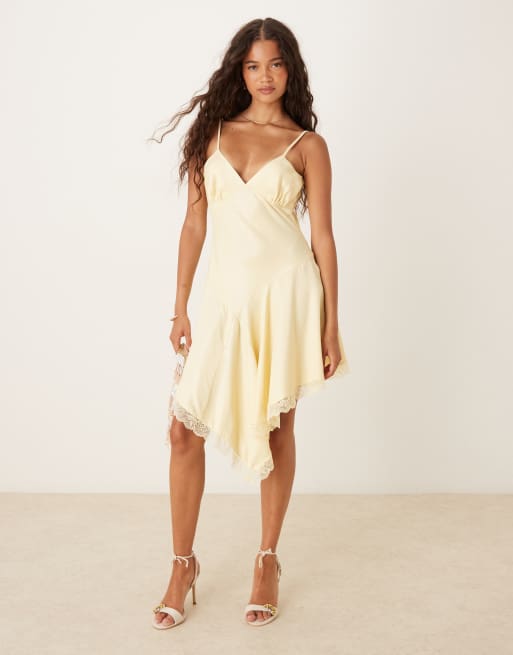 ASOS DESIGN satin asym hem lace trim mini dress in buttermilk