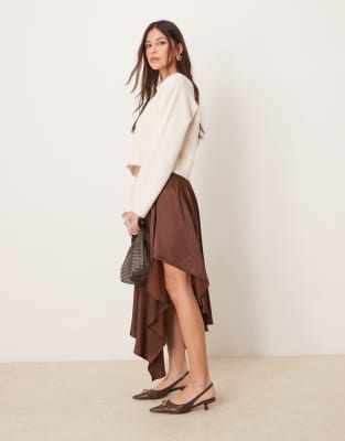 Asos Design Satin Asymmetric Hem Midi Skirt In Chocolate-brown