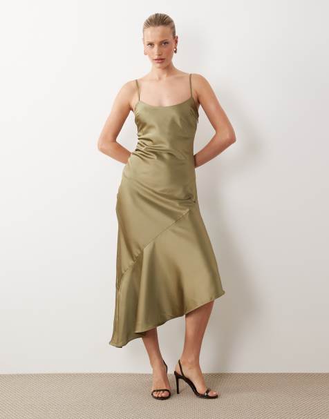 ASOS DESIGN satin asymmetric hem slip dress in khaki - view 1