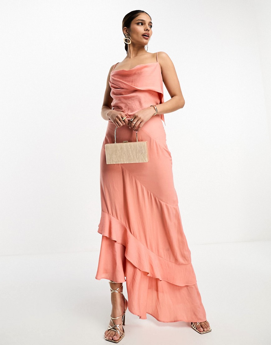 ASOS DESIGN satin asymmetric hem slip dress with tendril bodice detail in soft pink