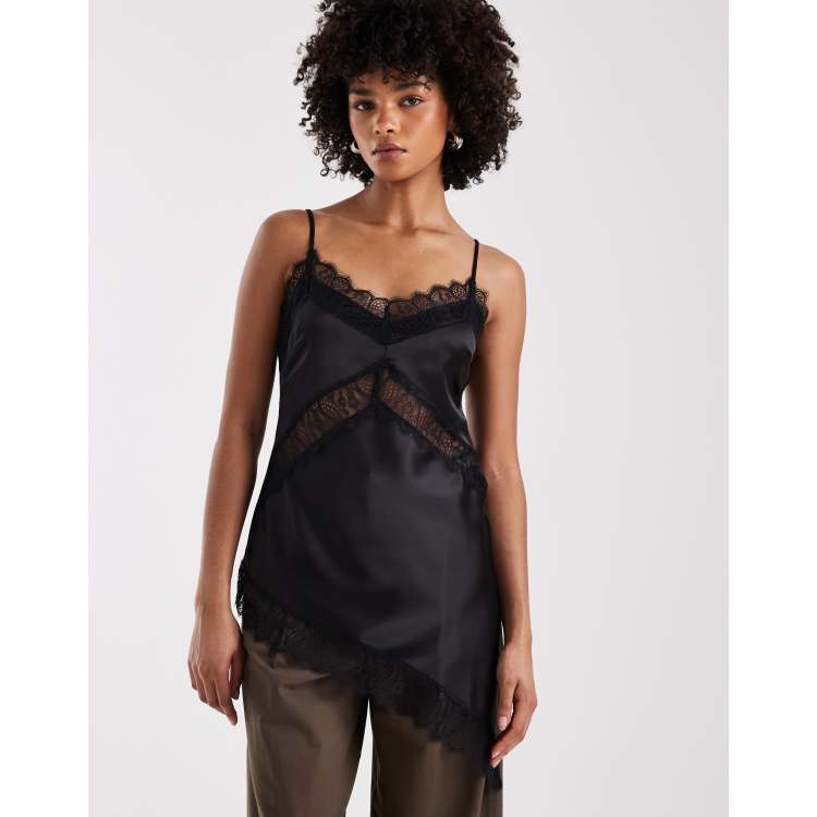 ASOS DESIGN satin asymmetric lace cami in black | ASOS