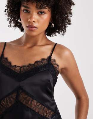 Asos Design Satin Asymmetric Lace Cami In Black