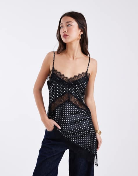 ASOS DESIGN satin asymmetric lace cami in polka dot