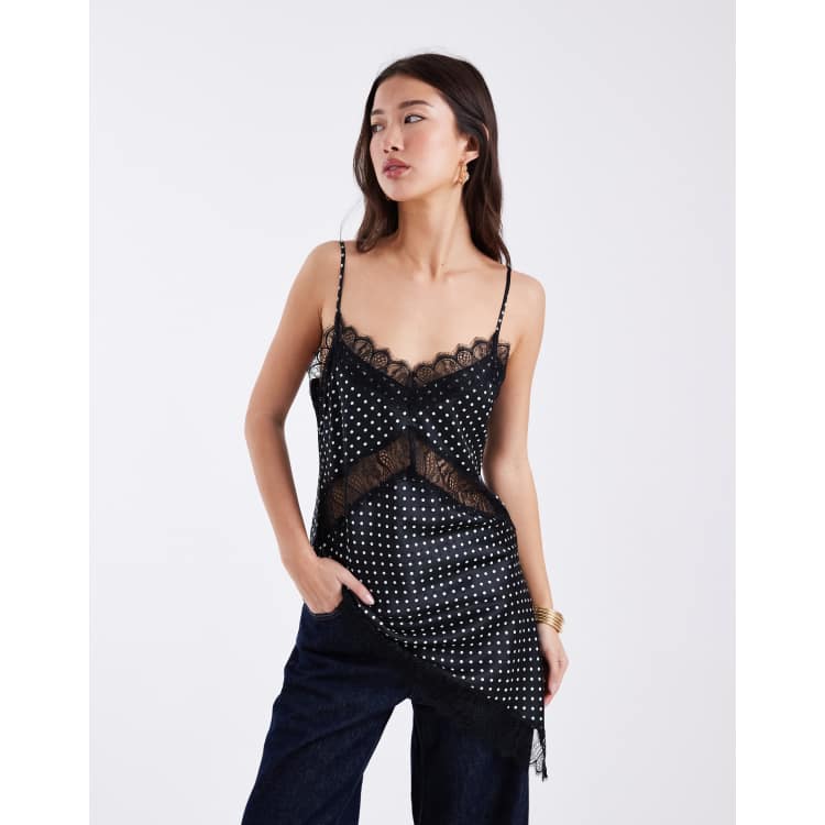 ワンピース Sophie satin lace cami one-piece dot ASOS DESIGN satin asymmetric lace cami top in polka dots | ASOS