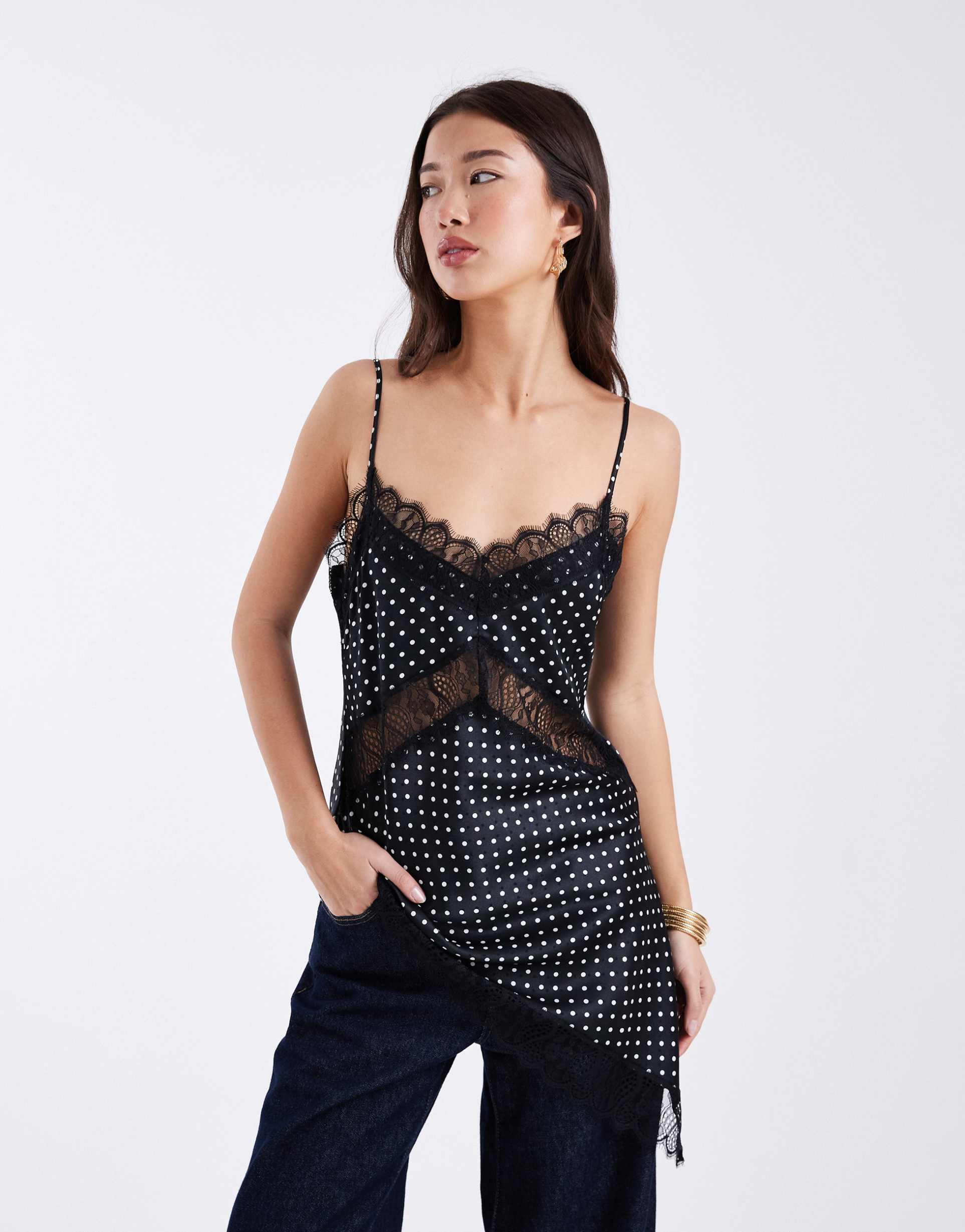 asos design satin asymmetric lace cami top in polka dots
