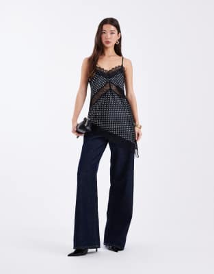 Asos Design Satin Asymmetric Lace Cami Top In Multi