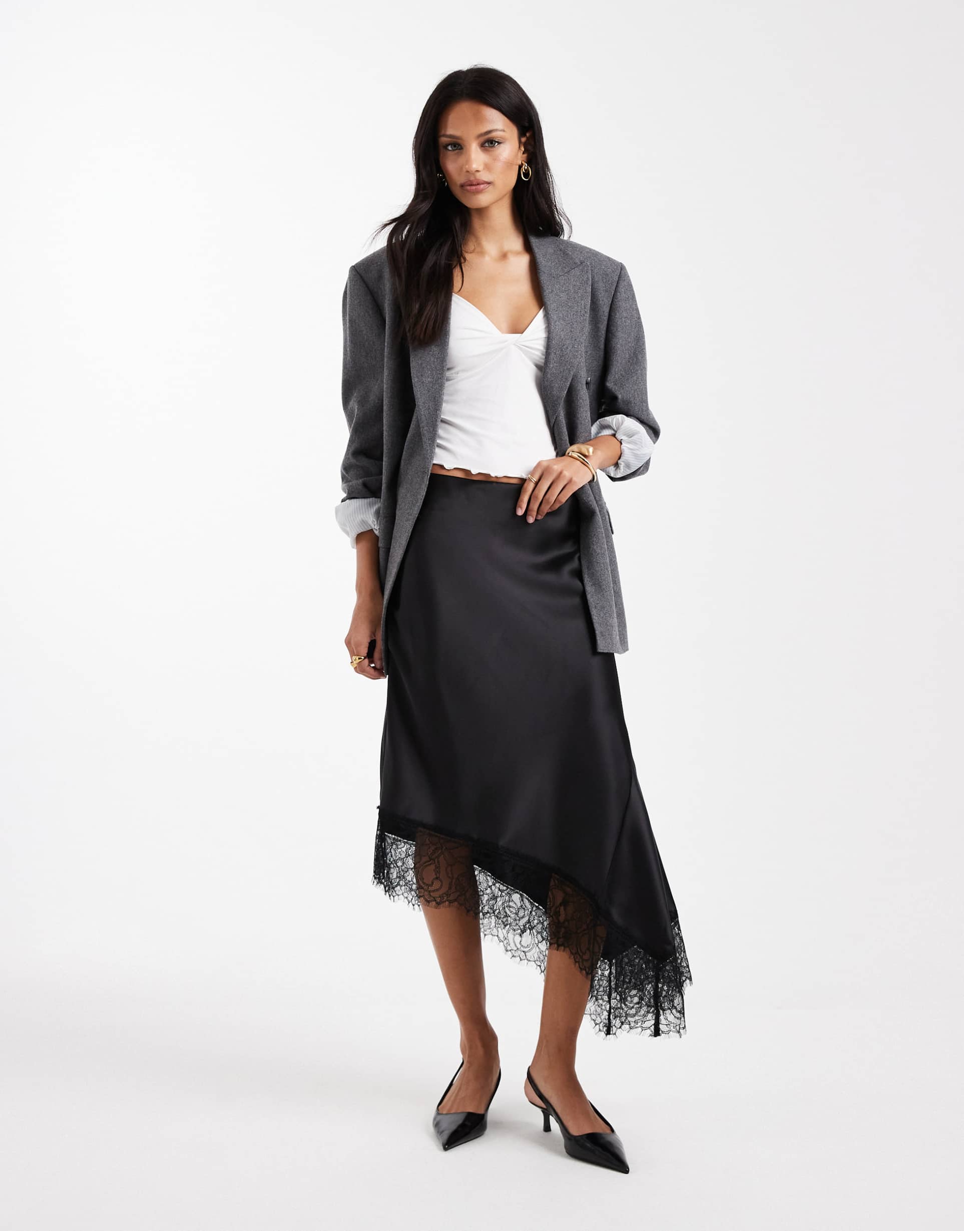 asos design satin asymmetric lace trim midi skirt in black