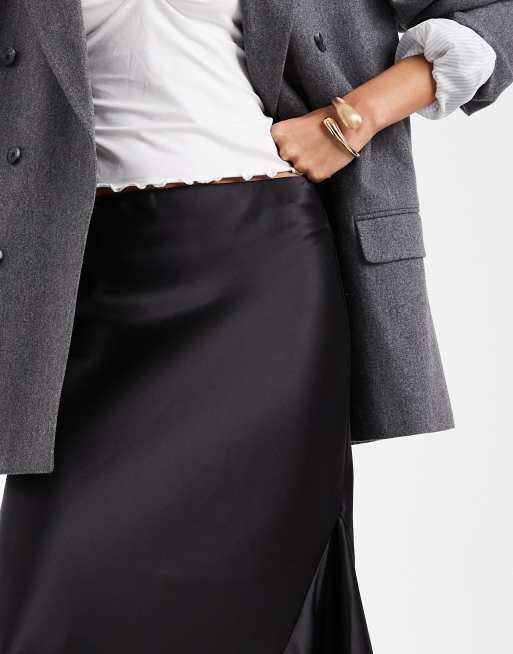 ASOS DESIGN satin asymmetric lace trim midi skirt in black, 2 of 5