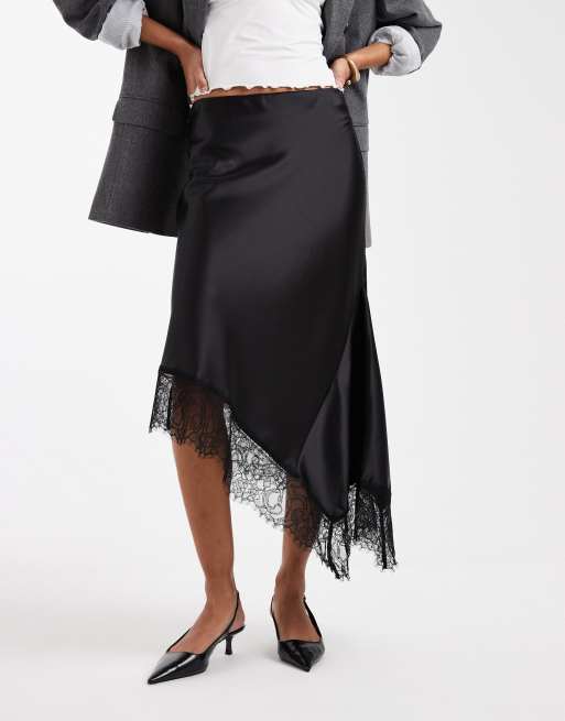 ASOS DESIGN satin asymmetric lace trim midi skirt in black, 3 of 5