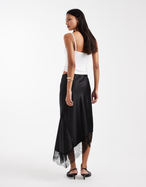 ASOS DESIGN satin asymmetric lace trim midi skirt in black, 4 of 5