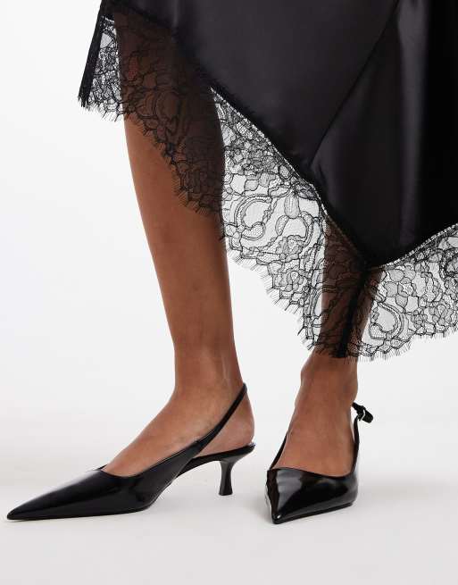 ASOS DESIGN satin asymmetric lace trim midi skirt in black, 5 of 5
