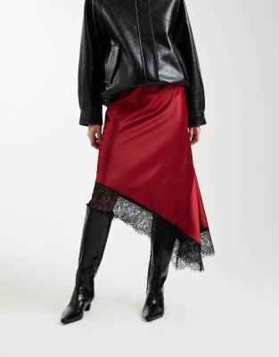 Asos Design Satin Asymmetric Lace Trim Midi Skirt In Red