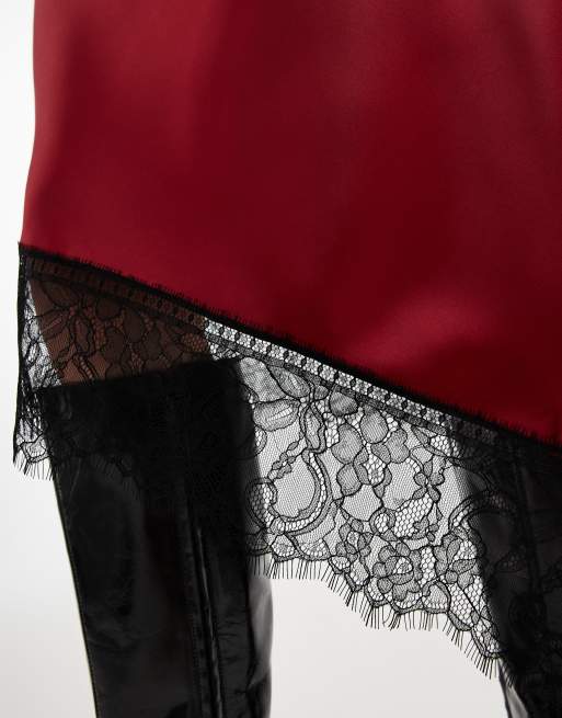 ASOS DESIGN satin asymmetric lace trim midi skirt in red, 3 of 5