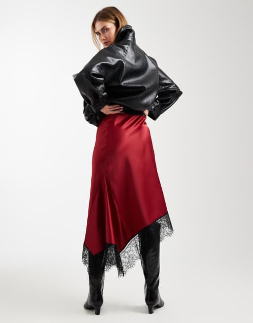 ASOS DESIGN satin asymmetric lace trim midi skirt in red, 4 of 5