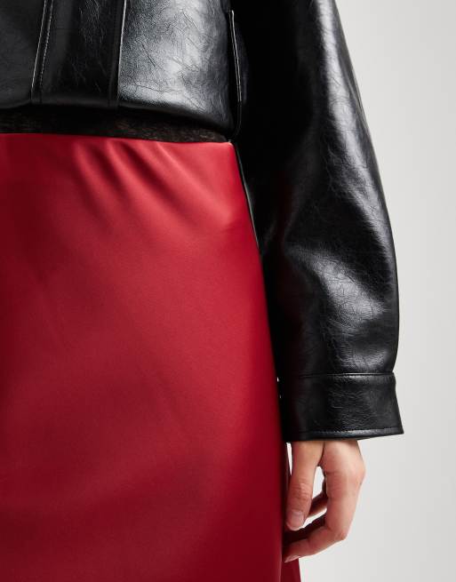 ASOS DESIGN satin asymmetric lace trim midi skirt in red, 5 of 5