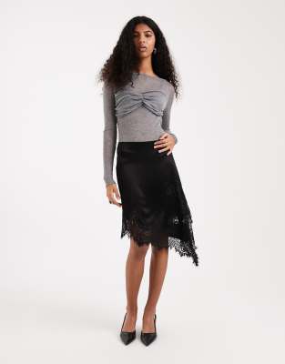 Asos Design Satin Asymmetric Lace Trim Mini Skirt In Multi