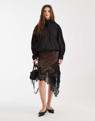 Asos Design Satin Asymmetric Lace Trim Mini Skirt In Brown
